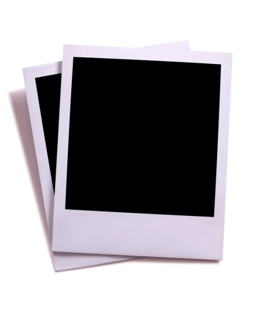 Two blank instant camera photo prints isolated on white with sha